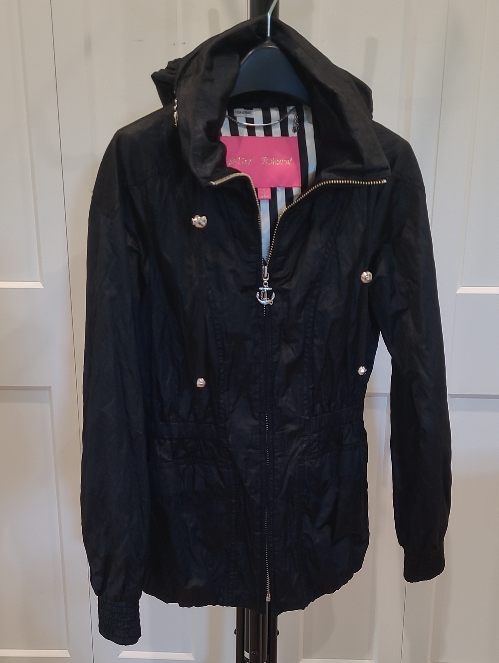 Betsey Johnson Black Hooded Utility Jacket with Silver Accents